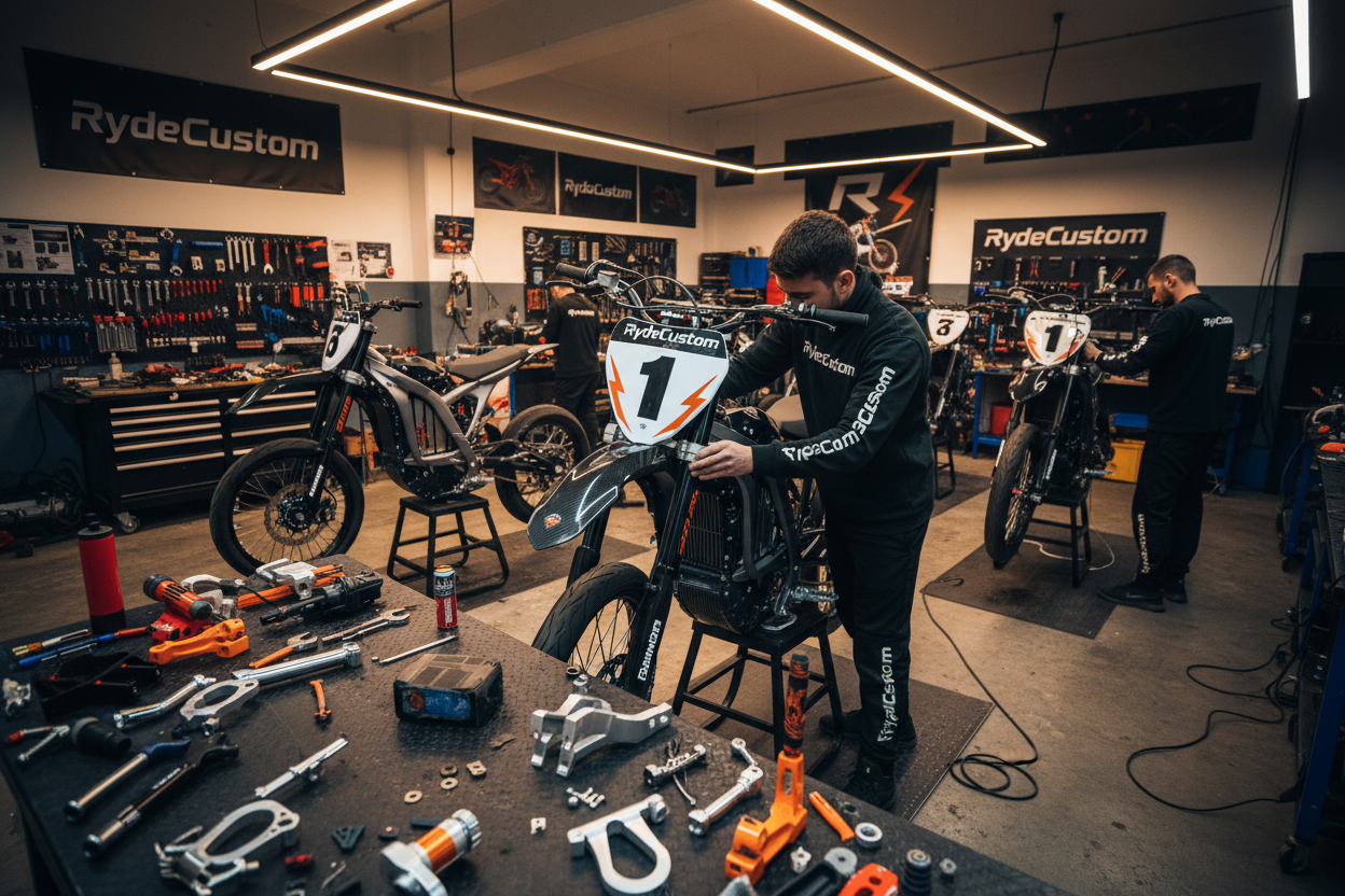 E moto bikes being diassembled and custom RydeCustom Parts being put in on including front racing number plare with RydeCustom on it and number 1